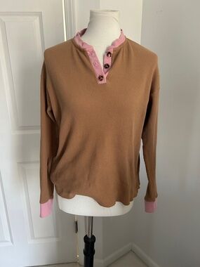 DONNI. Tan Waffle Henley with Pink Trim